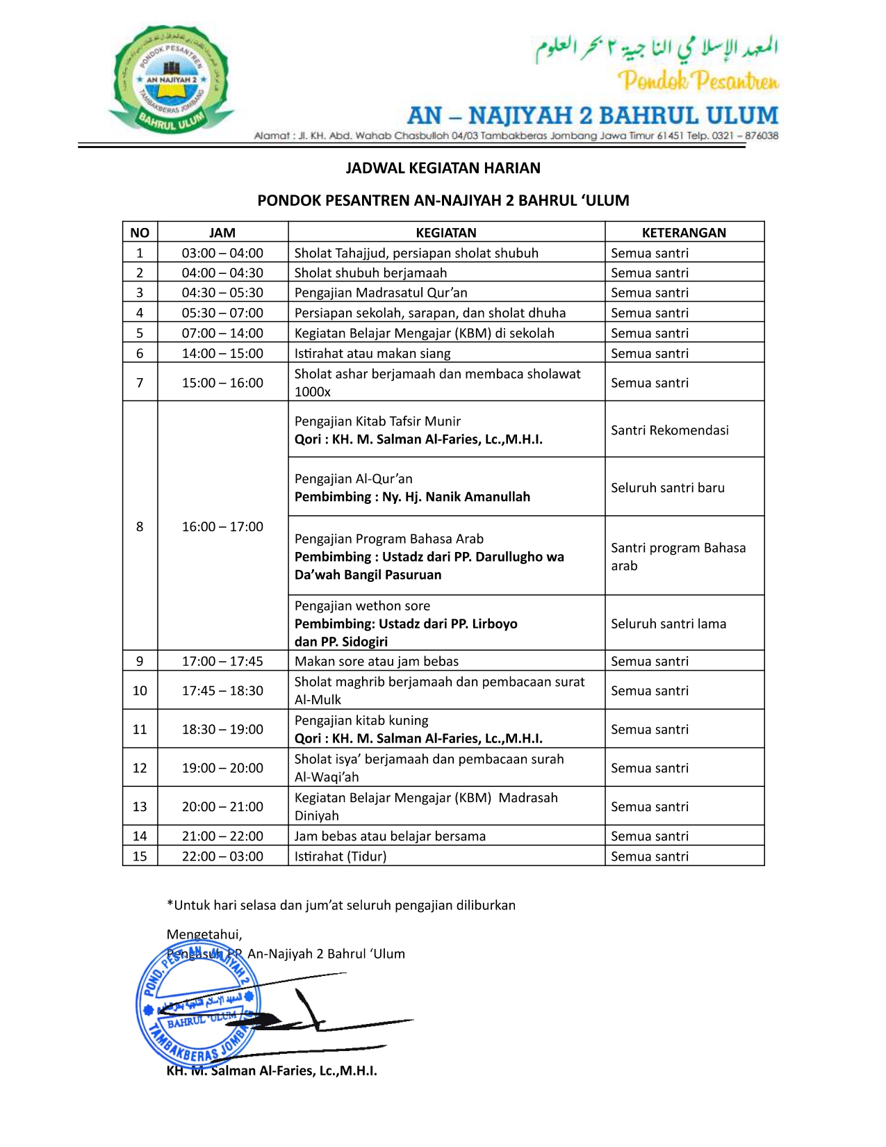 Jadwal Kegiatan Penerimaan Santri Baru
